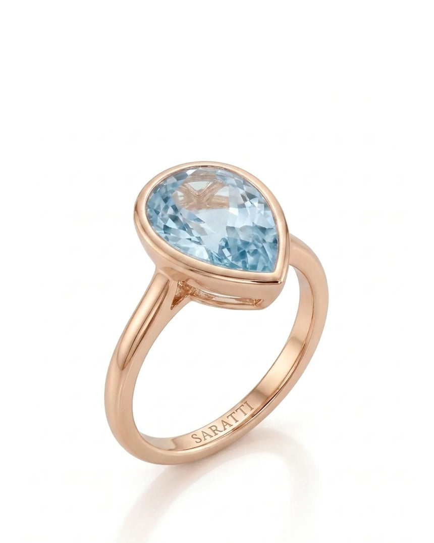 AUREX pear cut Aquamarine bezel solitaire ring setting in Rose Gold, 45-degree view | SARATTI
