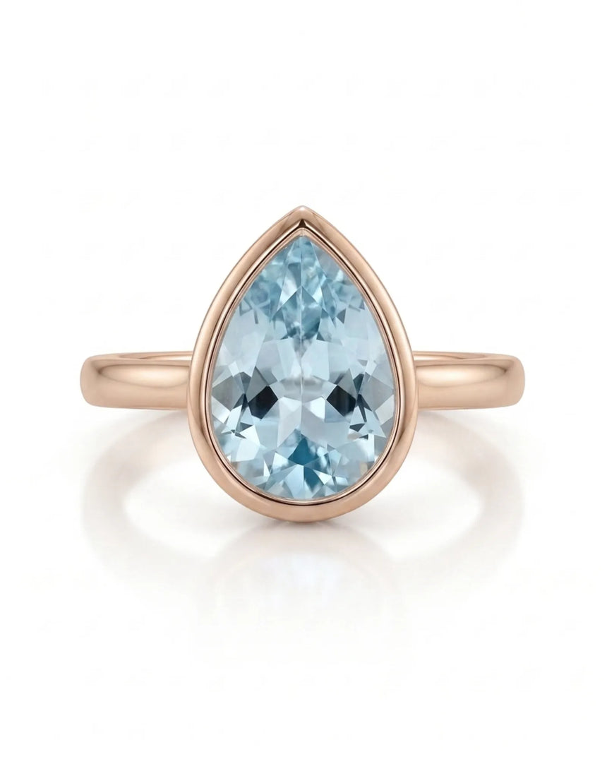 AUREX pear cut Aquamarine bezel solitaire ring setting in Rose Gold, front view | SARATTI