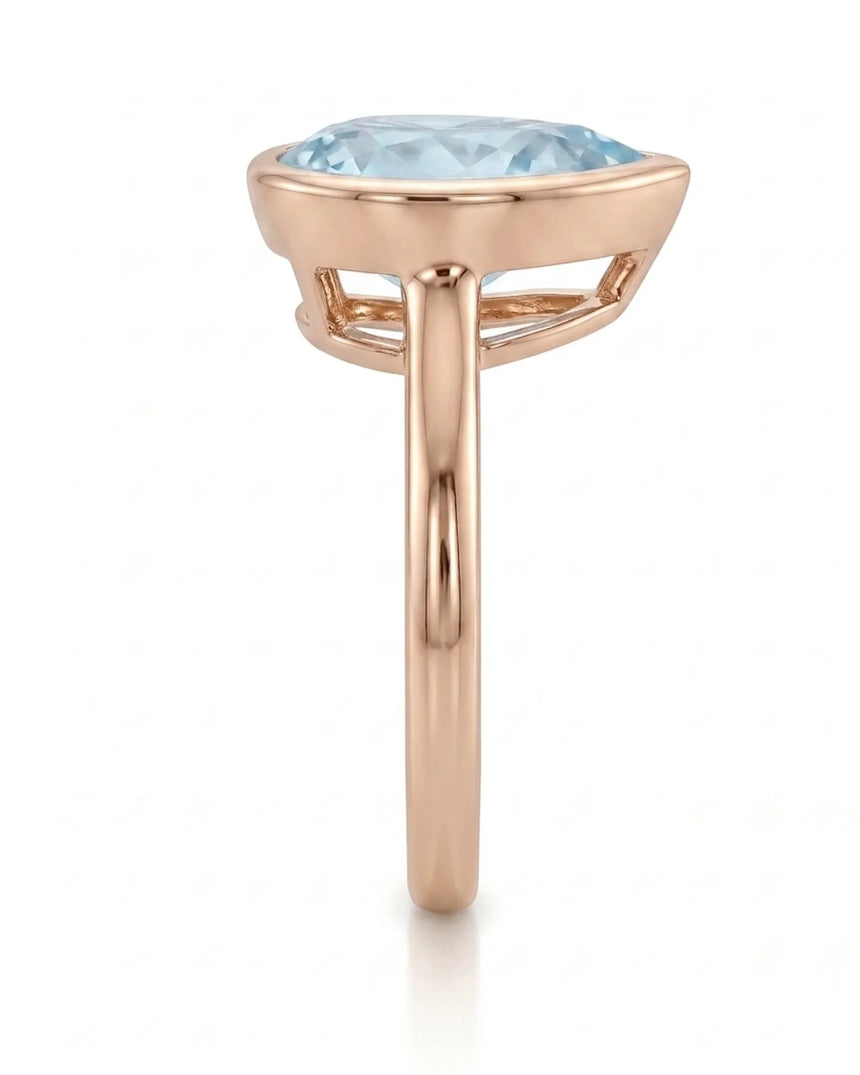 AUREX pear cut Aquamarine bezel solitaire ring setting in Rose Gold, side profile | SARATTI