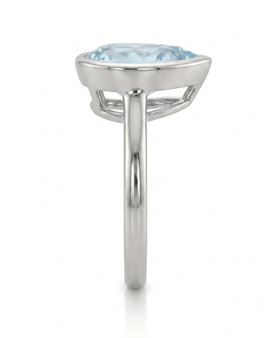 AUREX pear cut Aquamarine bezel solitaire ring setting in White Gold, side profile | SARATTI