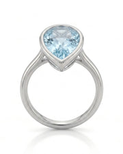 AUREX pear cut Aquamarine bezel solitaire ring setting in White Gold, top view | SARATTI