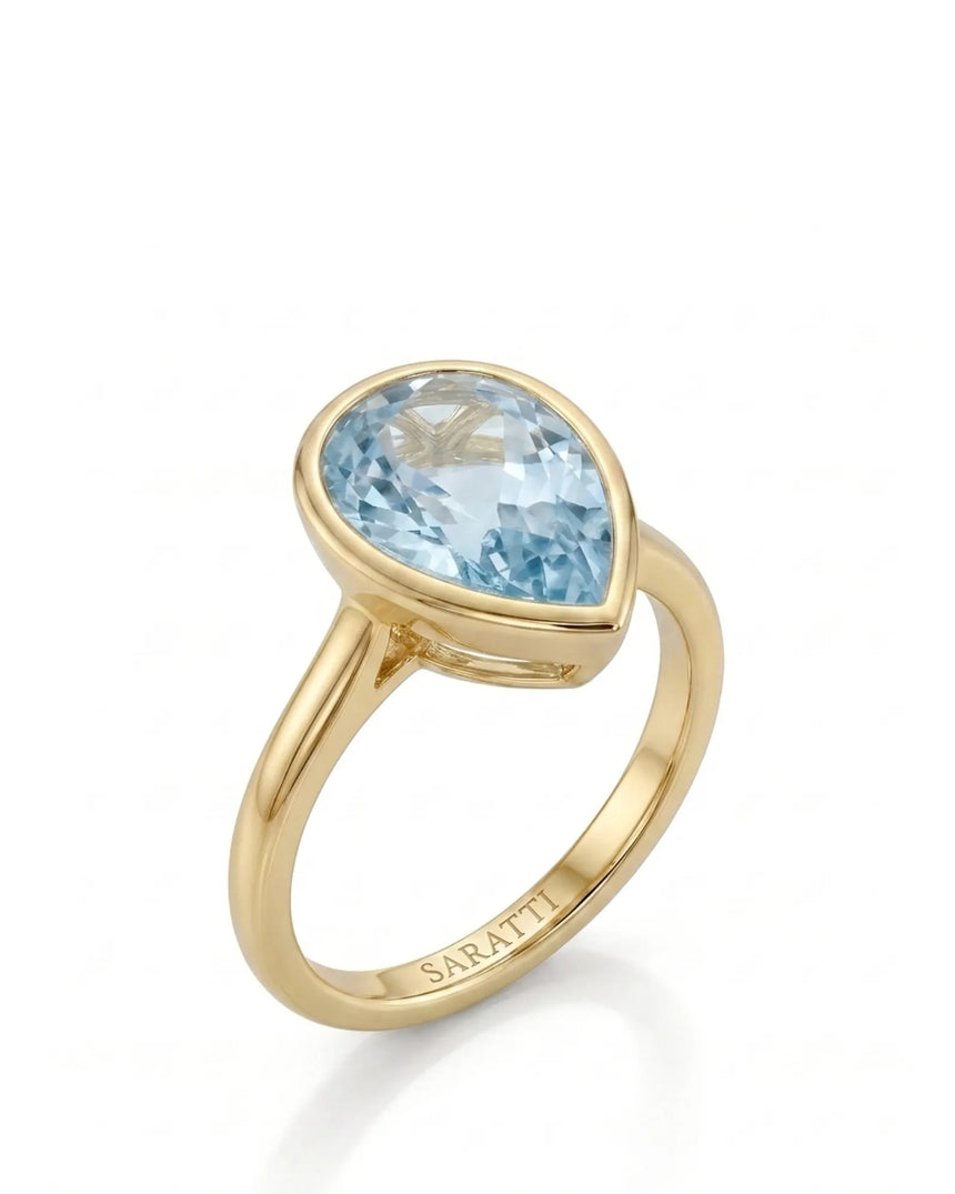 AUREX pear cut Aquamarine bezel solitaire ring setting in Yellow Gold, 45-degree view | SARATTI