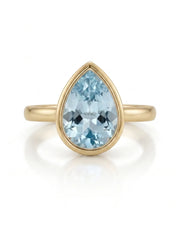 AUREX pear cut Aquamarine bezel solitaire ring setting in Yellow Gold, front view | SARATTI