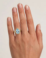 AUREX pear cut Aquamarine bezel solitaire ring setting in Yellow Gold, model view | SARATTI