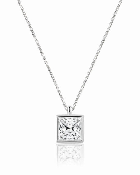 AUREX Princess Cut bezel necklace setting in white gold | SARATTI