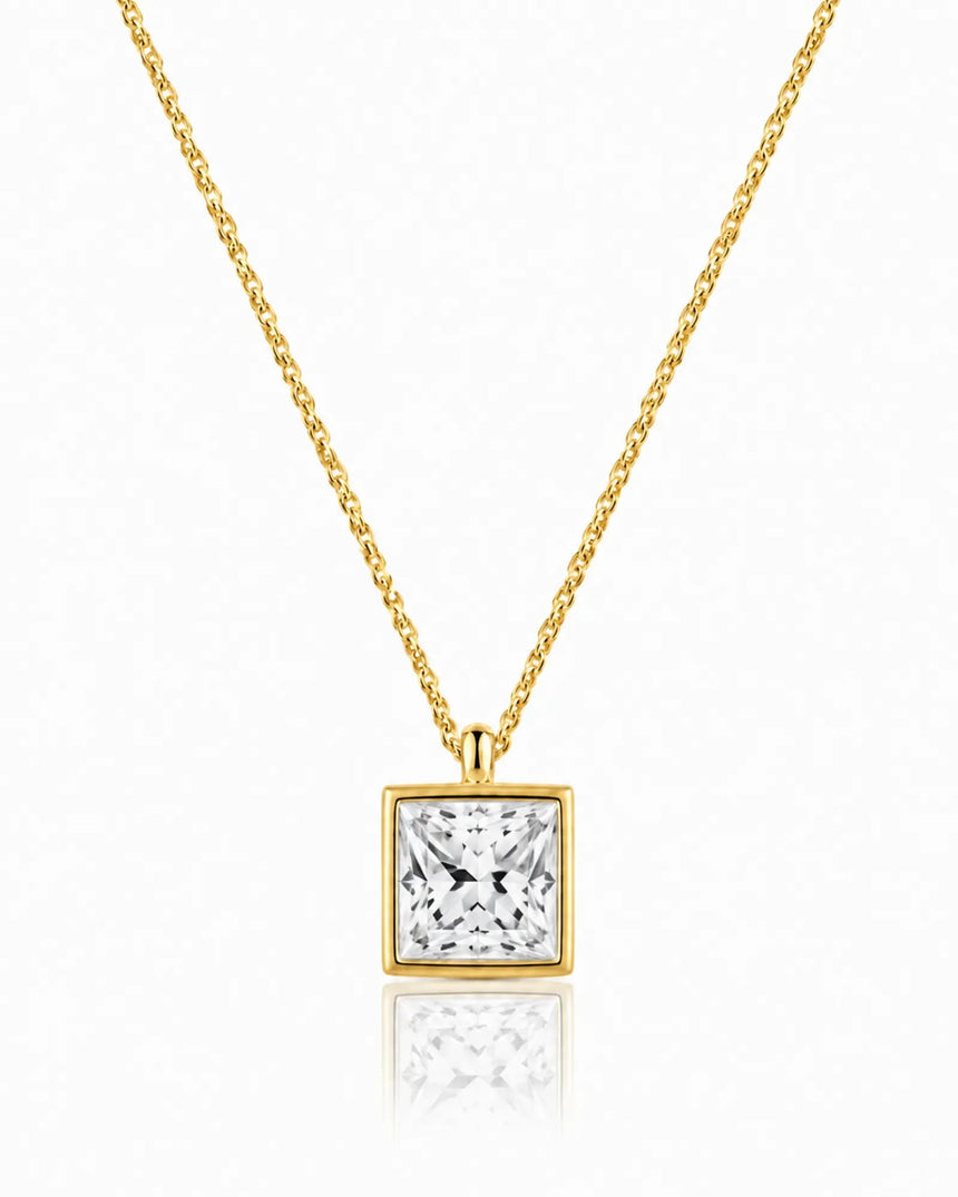AUREX Princess Cut bezel necklace setting in yellow gold | SARATTI