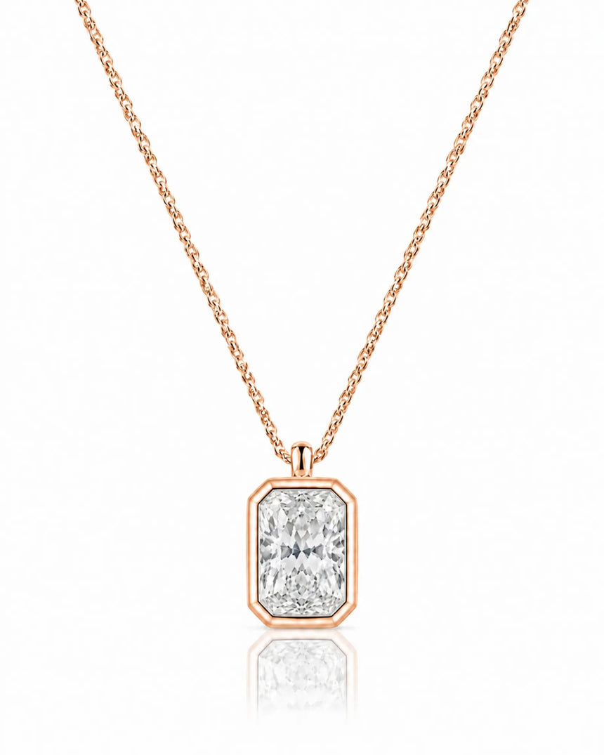 AUREX Radiant Cut bezel necklace setting in rose gold | SARATTI