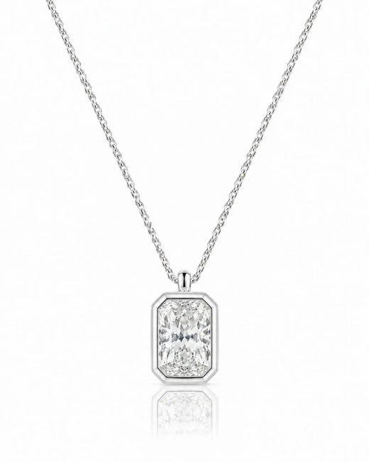 AUREX Radiant Cut bezel necklace setting in white gold | SARATTI