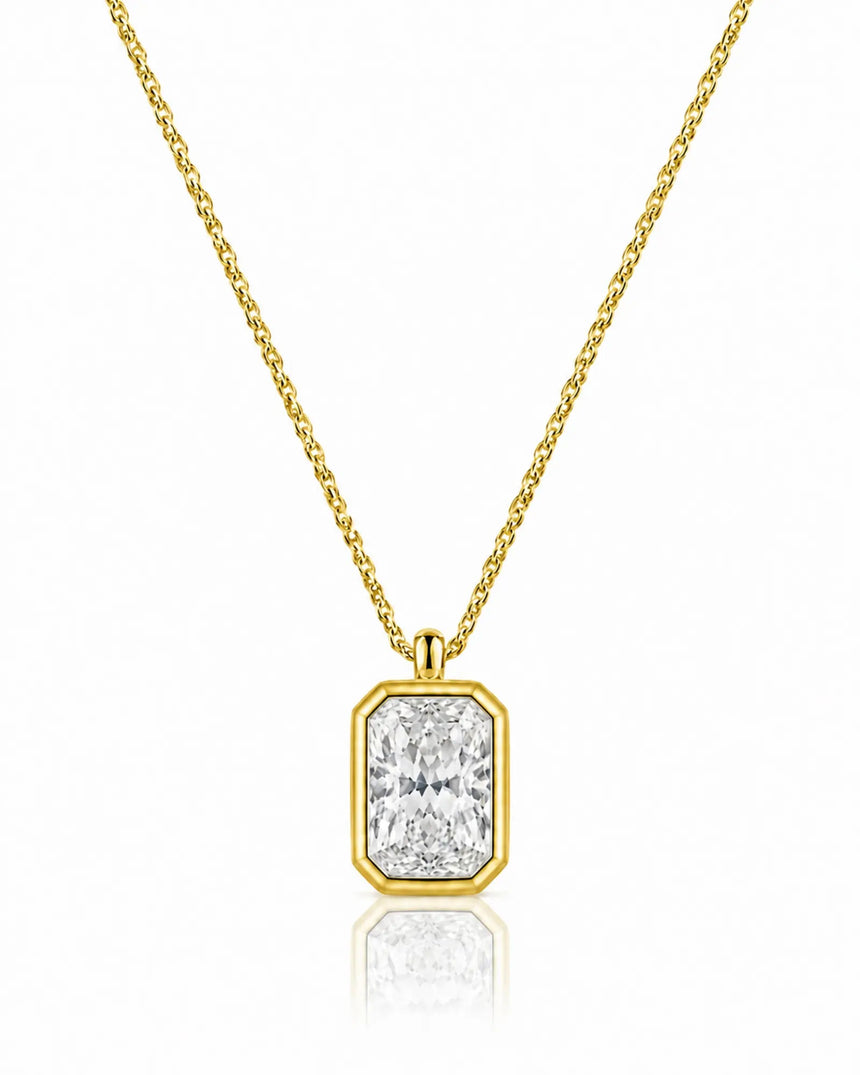 AUREX Radiant Cut bezel necklace setting in yellow gold | SARATTI