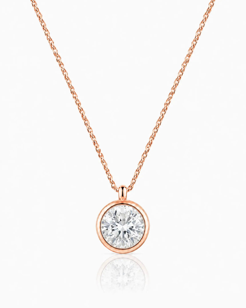 AUREX Round Cut bezel necklace setting in rose gold | SARATTI