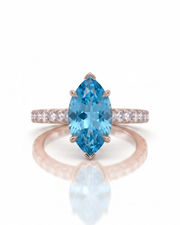 AVELINE marquise cut Aquamarine pavé solitaire ring setting in Rose Gold, 45-degree view | SARATTI