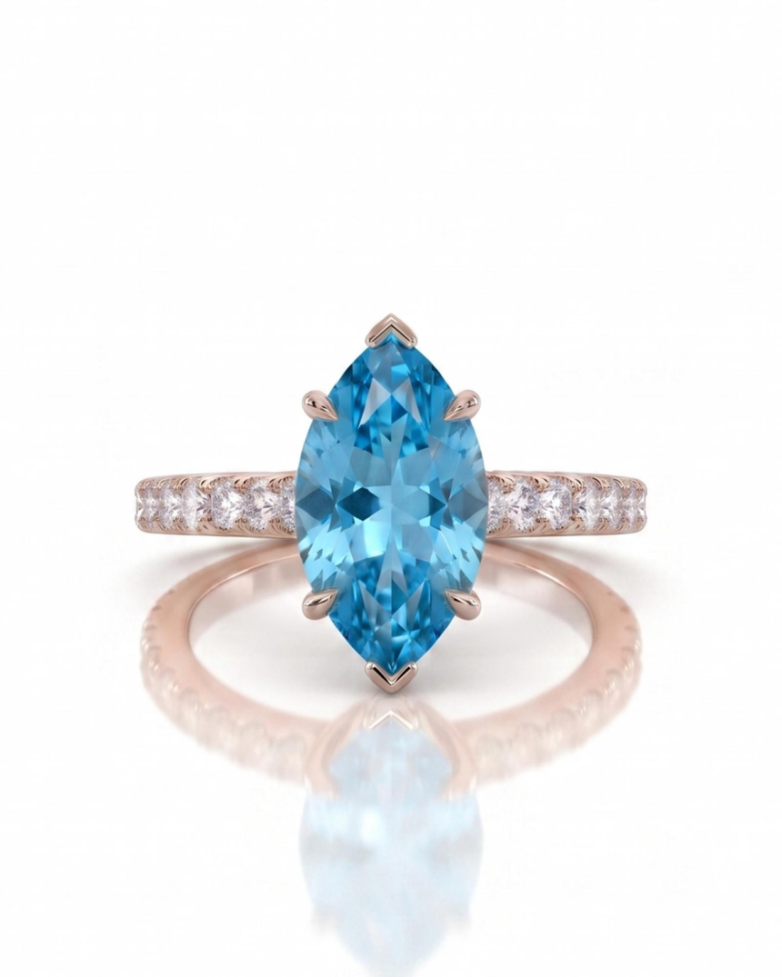 AVELINE marquise cut Aquamarine pavé solitaire ring setting in Rose Gold, 45-degree view | SARATTI