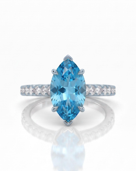 AVELINE marquise cut Aquamarine pavé solitaire ring setting in White Gold, 45-degree view | SARATTI