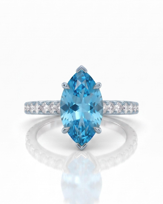 AVELINE marquise cut Aquamarine pavé solitaire ring setting in White Gold, 45-degree view | SARATTI