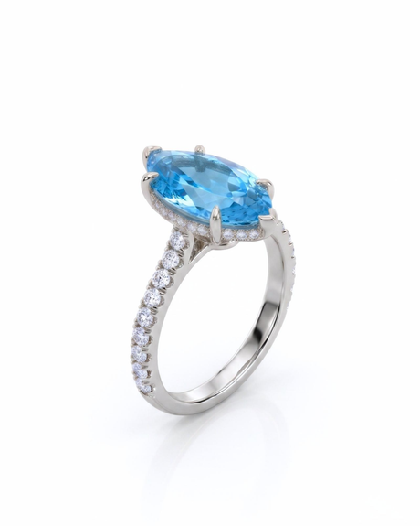 AVELINE marquise cut Aquamarine pavé solitaire ring setting in White Gold, front view | SARATTI