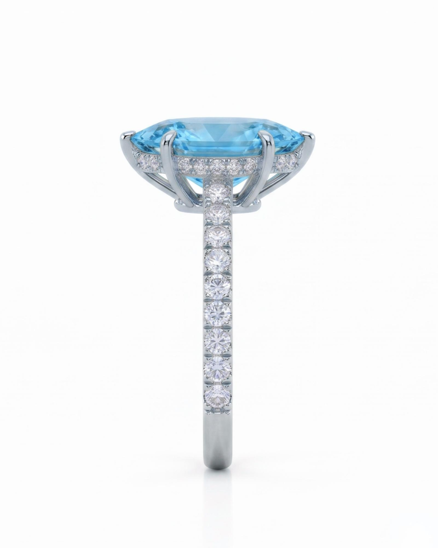 AVELINE marquise cut Aquamarine pavé solitaire ring setting in White Gold, side profile | SARATTI
