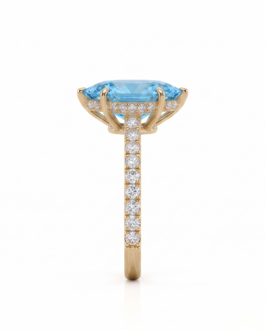 AVELINE marquise cut Aquamarine pavé solitaire ring setting in Yellow Gold, 45-degree view | SARATTI