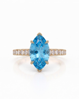 AVELINE marquise cut Aquamarine pavé solitaire ring setting in Yellow Gold, front view | SARATTI