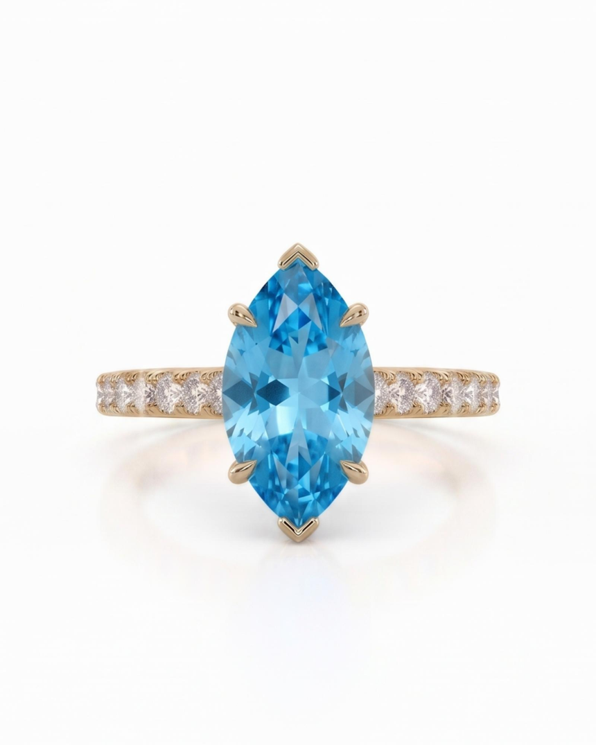 AVELINE marquise cut Aquamarine pavé solitaire ring setting in Yellow Gold, front view | SARATTI