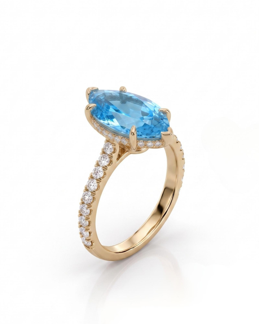 AVELINE marquise cut Aquamarine pavé solitaire ring setting in Yellow Gold, side profile | SARATTI