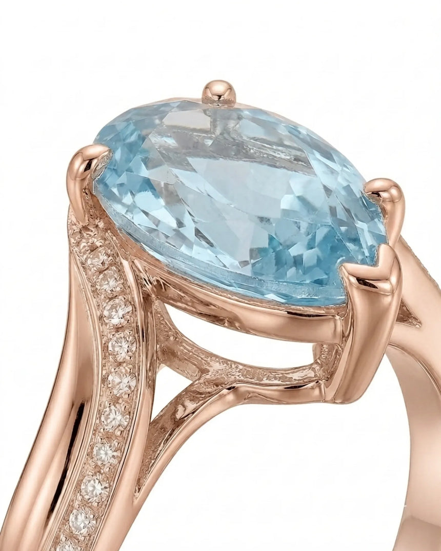 Aveline Vow Pear Cut Aquamarine Diamond Bypass Ring Setting in Rose Gold, setting detail | SARATTI