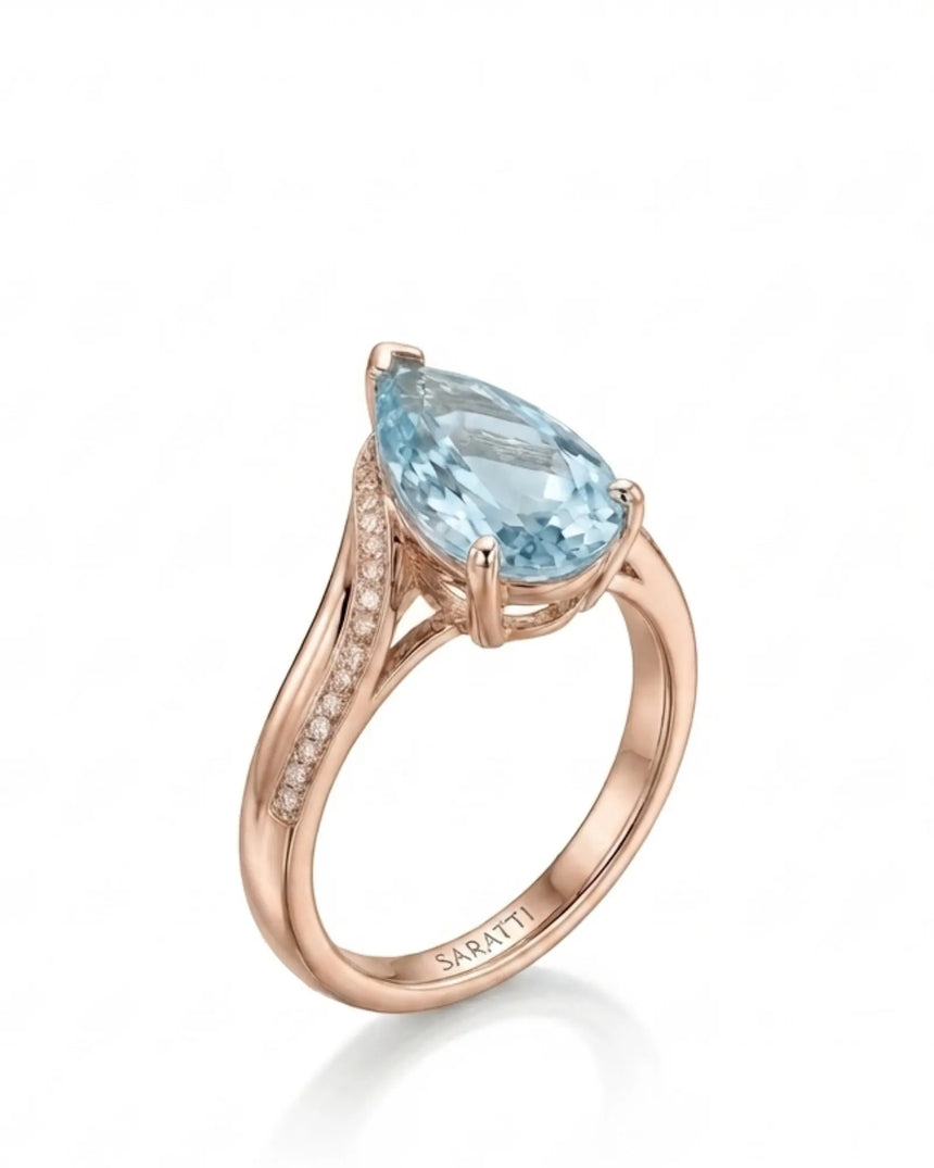 Aveline Vow Pear Cut Aquamarine Diamond Bypass Ring Setting in Rose Gold, three-quarter view | SARATTI