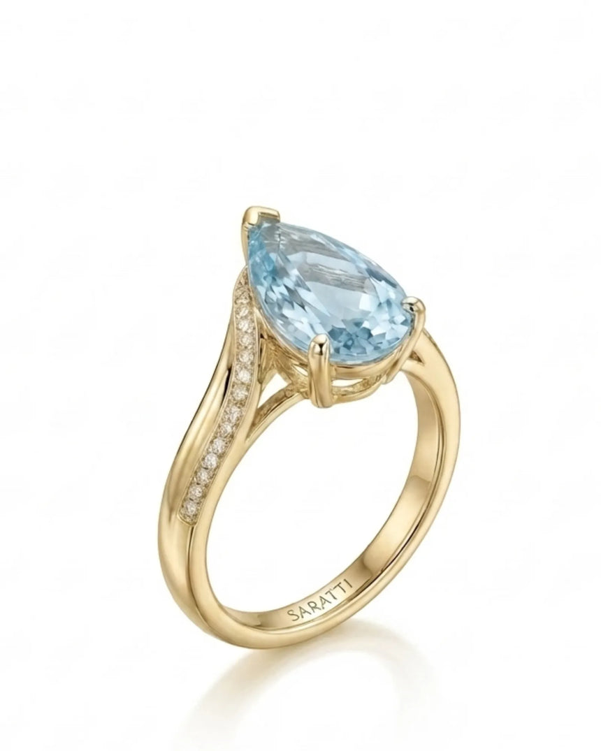 Aveline Vow Pear Cut Aquamarine Diamond Bypass Ring Setting in Yellow Gold, three-quarter view | SARATTI