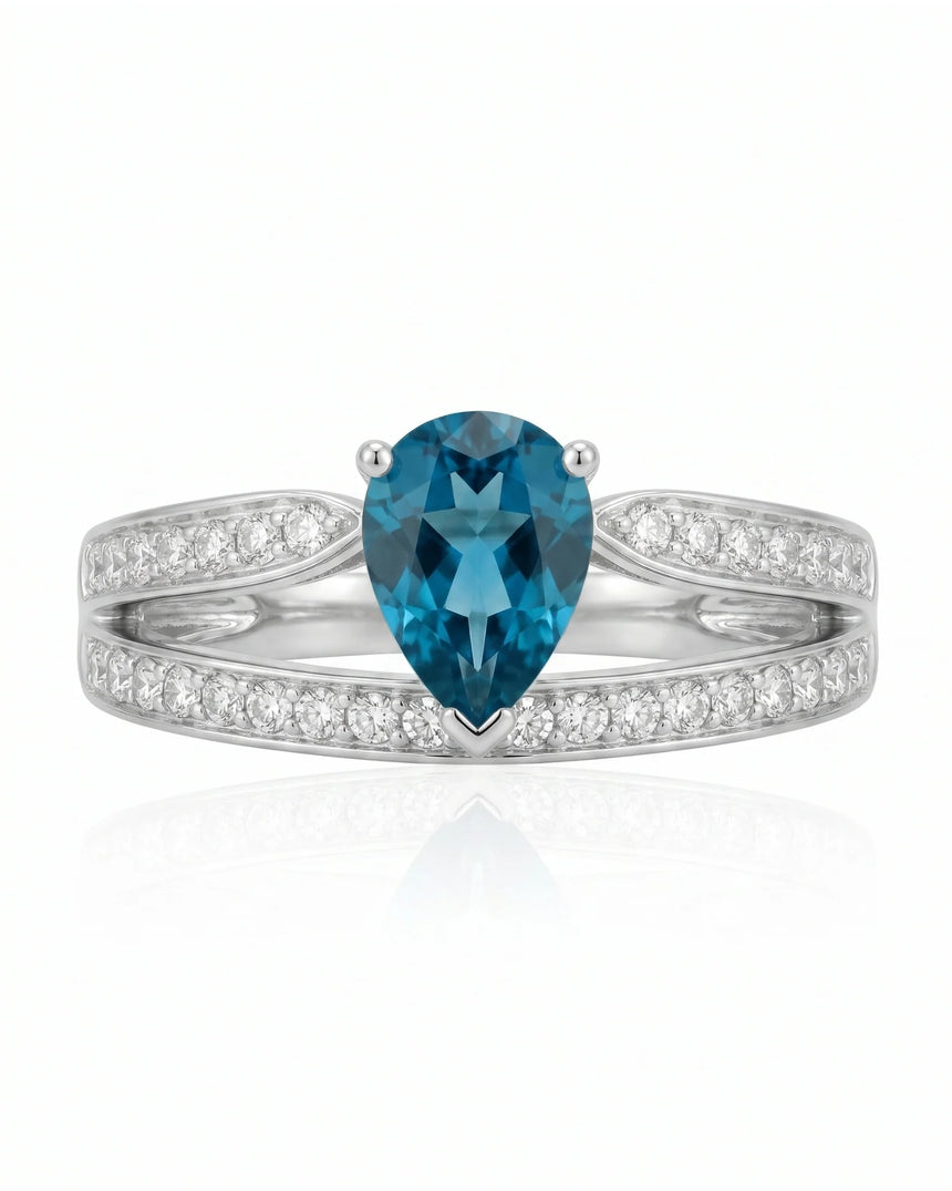 Aveline Vow pear-cut Aquamarine diamond split-shank ring setting in Platinum, profile view | SARATTI