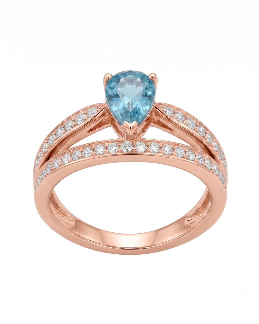 Aveline Vow pear-cut Aquamarine diamond split-shank ring setting in Rose Gold, front view | SARATTI
