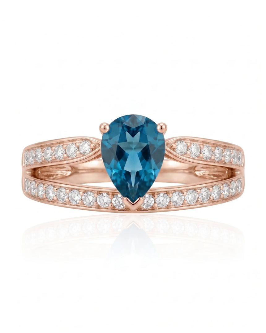 Aveline Vow pear-cut Aquamarine diamond split-shank ring setting in Rose Gold, setting detail | SARATTI