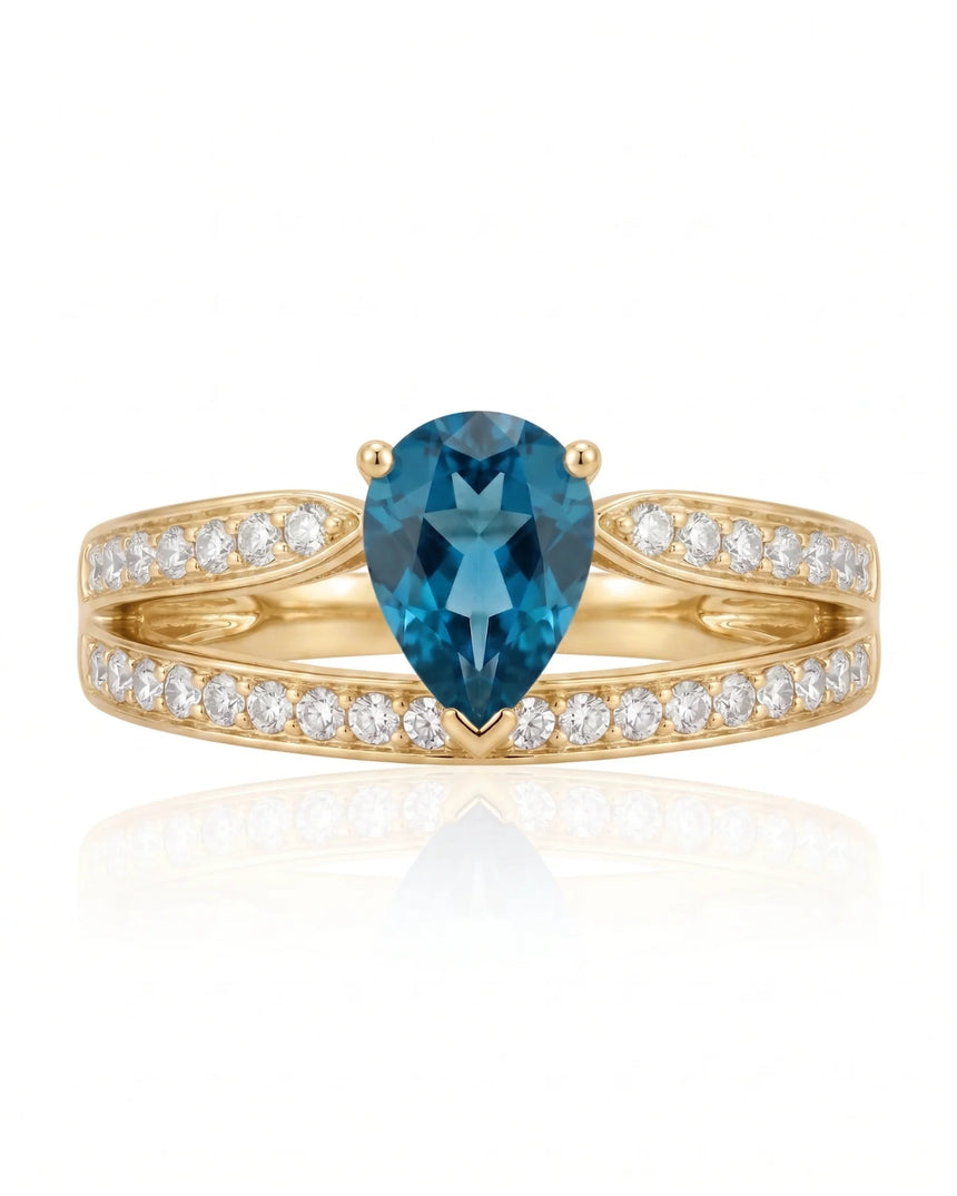 Aveline Vow pear-cut Aquamarine diamond split-shank ring setting in Yellow Gold, side view | SARATTI