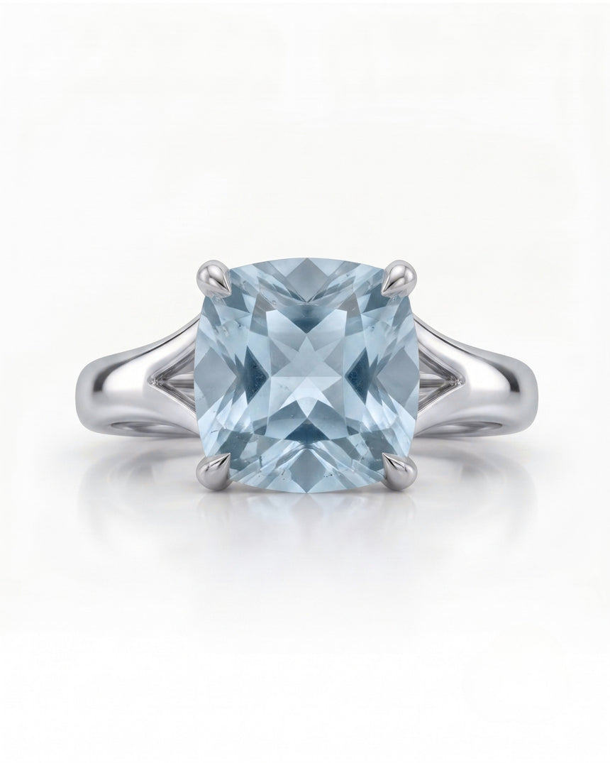 Avenelle cushion cut Aquamarine split-shank ring setting in platinum, front view | SARATTI