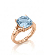 Avenelle cushion cut Aquamarine split-shank ring setting in rose gold, 45-degree view | SARATTI