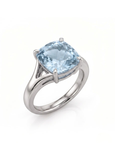 Avenelle cushion cut Aquamarine split-shank ring setting in white gold, 45-degree view | SARATTI