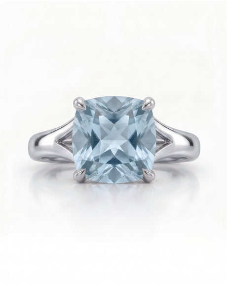 Avenelle cushion cut Aquamarine split-shank ring setting in white gold, front view | SARATTI