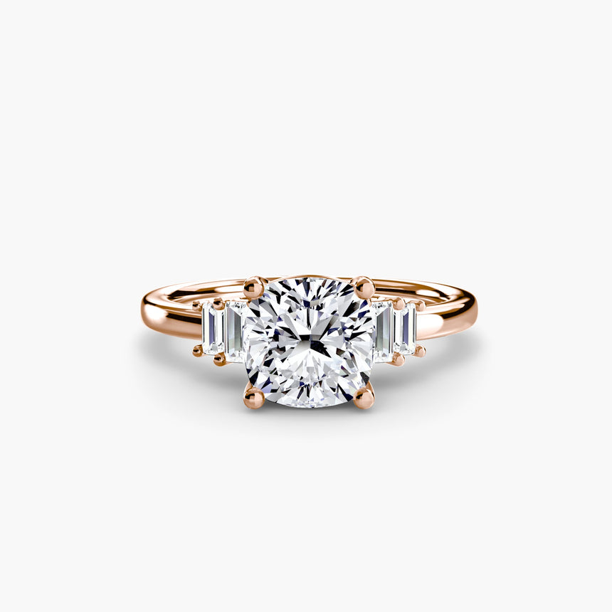 AVENIR Cushion Cut baguette accent solitaire ring setting in Rose Gold | SARATTI