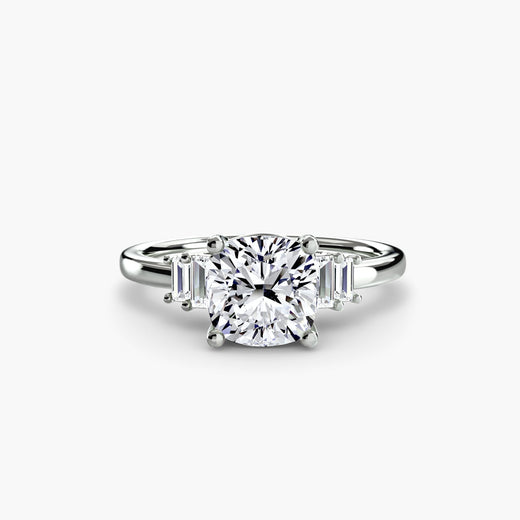 AVENIR Cushion Cut baguette accent solitaire ring setting in White Gold | SARATTI