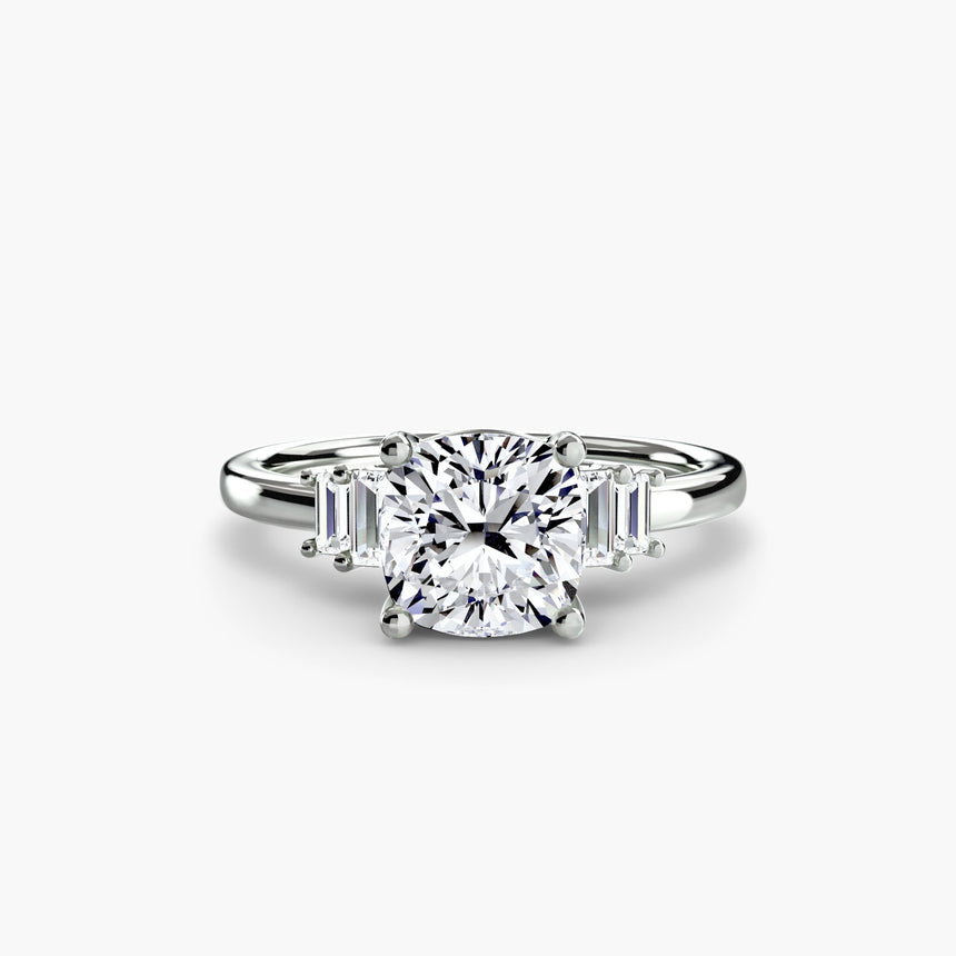 AVENIR Cushion Cut baguette accent solitaire ring setting in White Gold | SARATTI