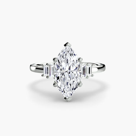 AVENIR – Marquise Cut Baguette Accent Solitaire Ring Setting in White Gold | SARATTI
