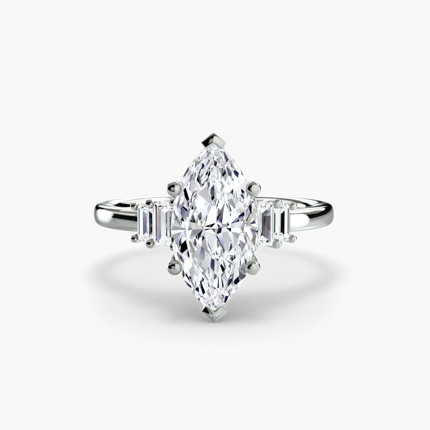 AVENIR – Marquise Cut Baguette Accent Solitaire Ring Setting in White Gold | SARATTI