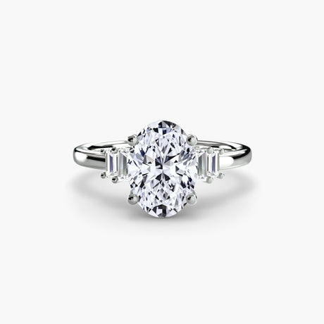 AVENIR oval cut tapered baguette solitaire ring setting in white gold | SARATTI