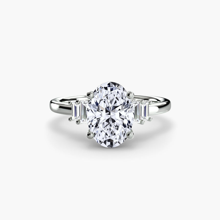AVENIR oval cut tapered baguette solitaire ring setting in white gold | SARATTI