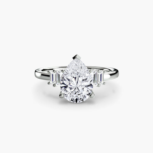 AVENIR – Pear Cut Baguette Accent Solitaire Ring Setting in White Gold | SARATTI