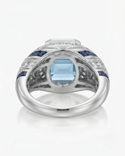 Azzurro Regent emerald-cut Aquamarine cocktail ring setting in Platinum, underside showing open geometric gallery and broad shank | SARATTI