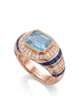 Azzurro Regent emerald-cut Aquamarine sapphire and diamond cocktail ring setting in rose gold, 45-degree view | SARATTI