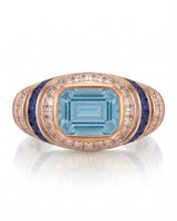 Azzurro Regent emerald-cut Aquamarine cocktail ring setting in rose gold, front view with baguette diamond frame and blue sapphire channels | SARATTI