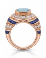 Azzurro Regent emerald-cut Aquamarine cocktail ring setting in rose gold, top view showing tiered sapphire and diamond geometry | SARATTI