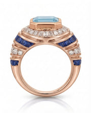 Azzurro Regent emerald-cut Aquamarine cocktail ring setting in rose gold, top view showing tiered sapphire and diamond geometry | SARATTI