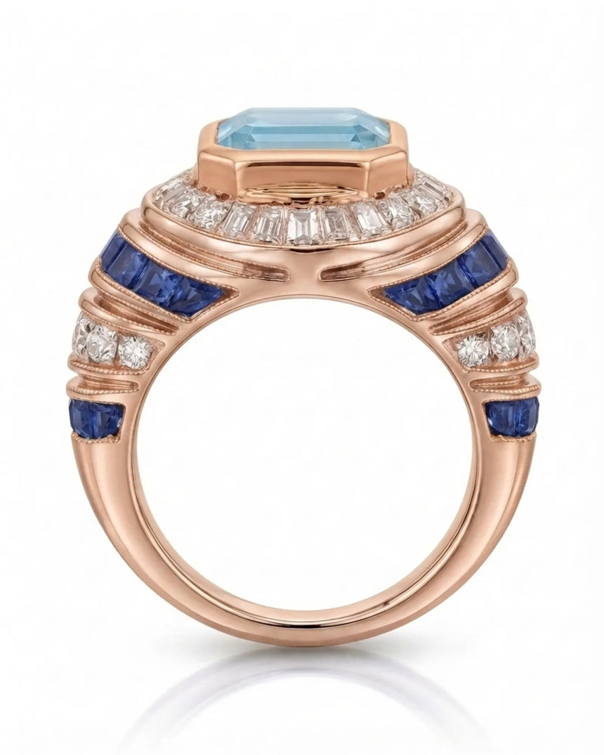 Azzurro Regent emerald-cut Aquamarine cocktail ring setting in rose gold, top view showing tiered sapphire and diamond geometry | SARATTI