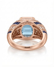 Azzurro Regent emerald-cut Aquamarine cocktail ring setting in rose gold, underside showing open geometric gallery and broad shank | SARATTI